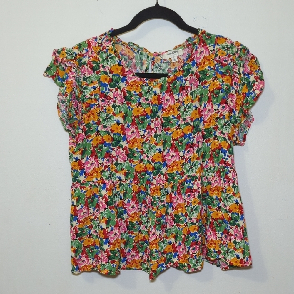 Umgee Floral Short Sleeve Blouse in Green, Pink, Yellow, Orange
